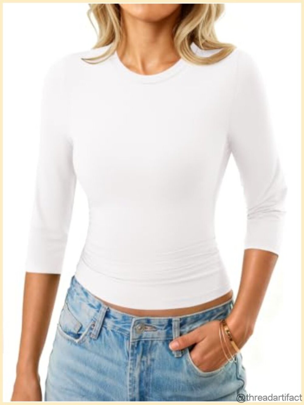3/4 Sleeve Fitted Crop Top Crewneck Layering Shirt Casual Slim Fit Women's